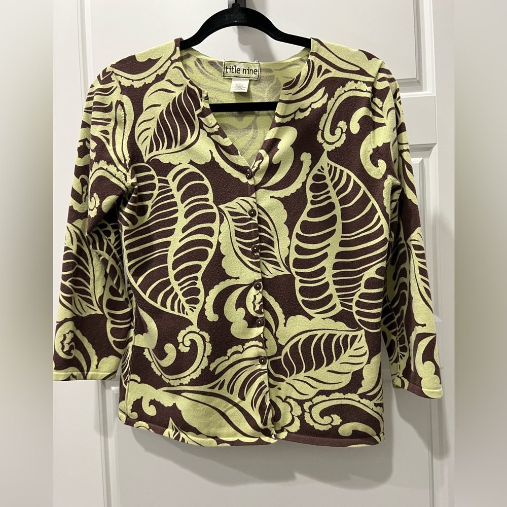 Title Nine Brown and Cream Leaf Print Button Down Sweater